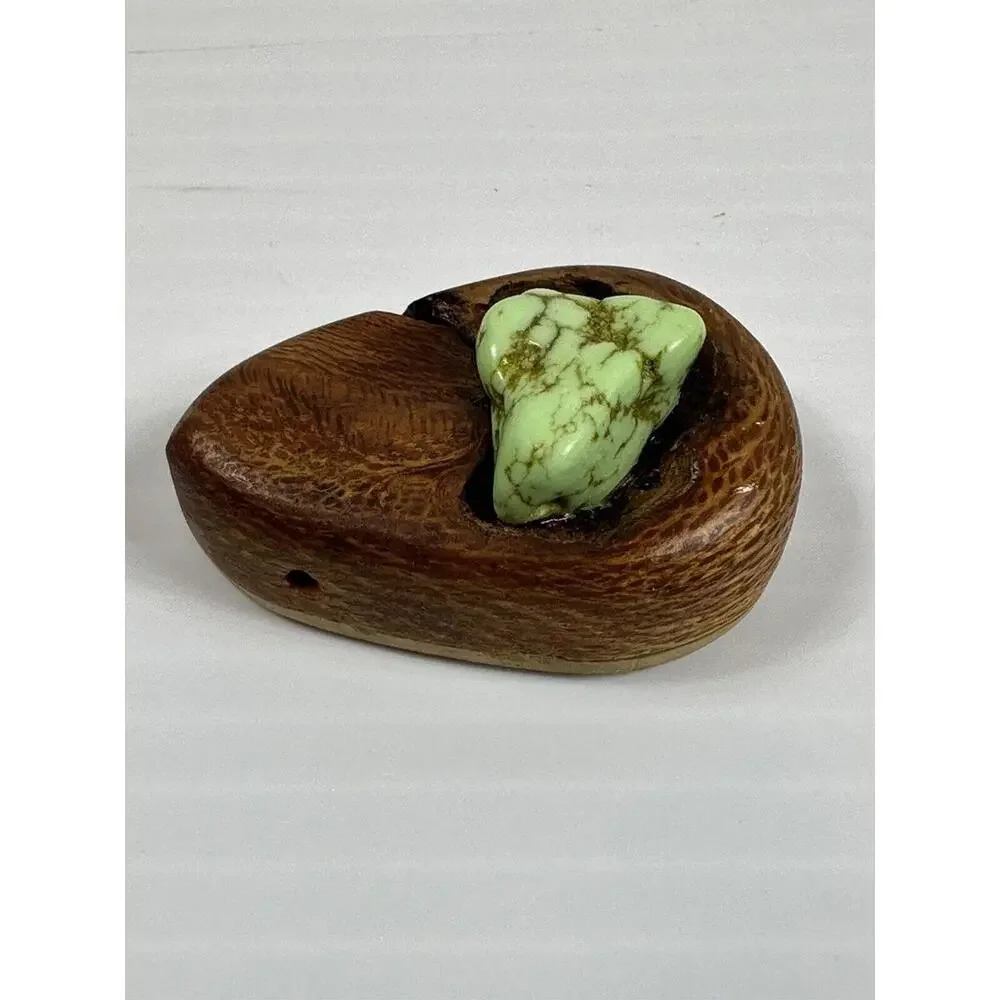 Vintage Green Turquoise Inlaid Wood Handmade‎ Necklace Bead Pendant Charm